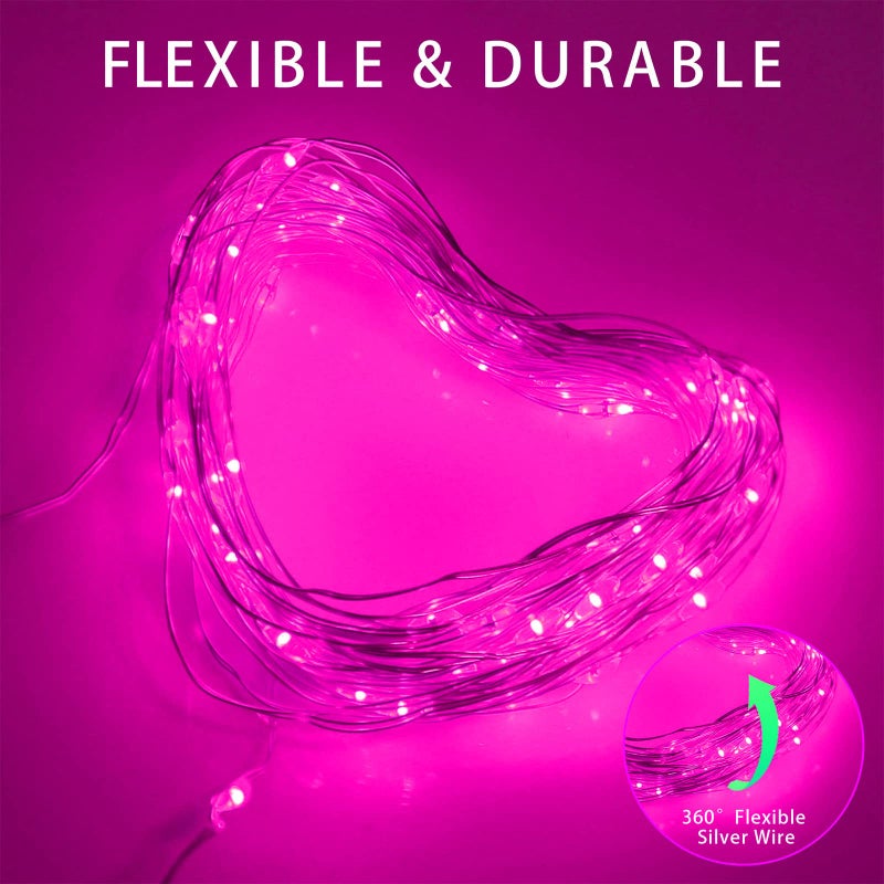 YAOZHOU Solar Christmas String Lights Pink Outdoor Waterproof 100 LEDï¼ˆ2 Packï¼‰ 8 Modes Copper String Lights Fairy Lights for Valentines Day Garden, Patio, Fence, Balcony, Outdoors(Pink 2pcs - Image 5